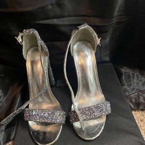 blue and silver multicolor glitter sandal with ankle strap